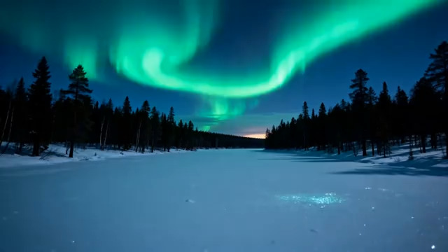  雪地森林上空的极光景观2568#横屏 	 -