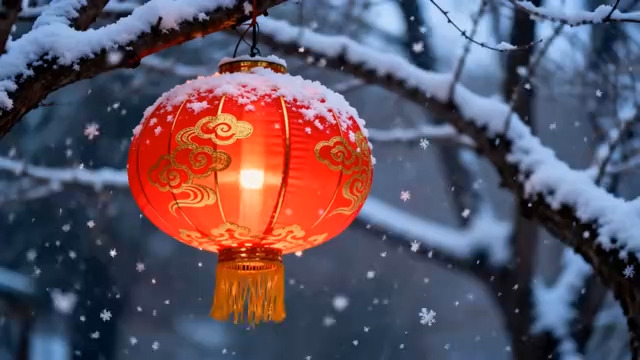  雪挂枝头的中式红灯笼素材2637#横屏 	 