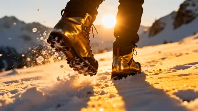  雪地徒步者的脚步特写2888#横屏 	 