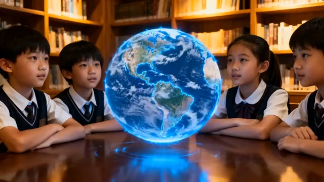  小学生观察悬浮地球模型2419#横屏 	 - 