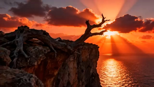  悬崖边枯树夕阳海景2530#横屏 	 