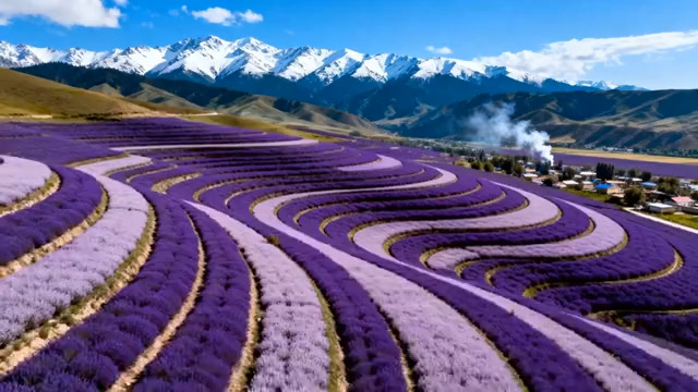  新疆薰衣草田与雪山风光1236#横屏 	 -