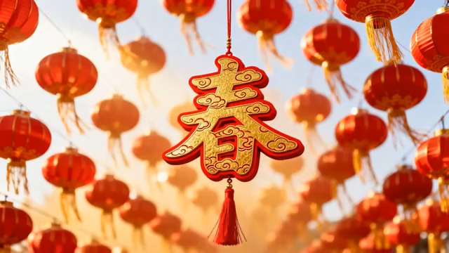  悬挂春字与红灯笼场景531#横屏 	 