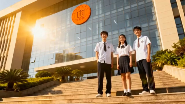  校园前的中小学生合影1585#横屏 	 