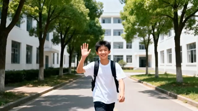  校园内背着书包的学生挥手1529#横屏 	 -