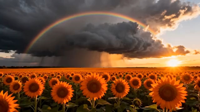  向日葵田彩虹日落景象1157#横屏 	 