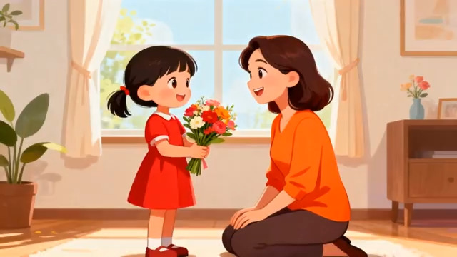 小女孩向母亲献花场景2489#横屏 	 