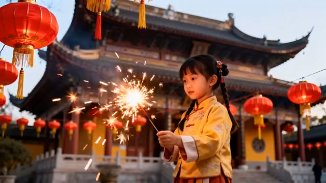  小女孩古建筑前手持烟花86#横屏 	 