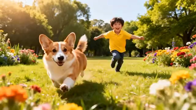  小男孩在花丛草地与柯基嬉戏498#横屏 	 