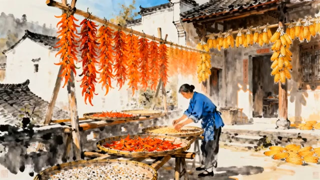  乡村妇女晾晒丰收作物画面1771#横屏 	 