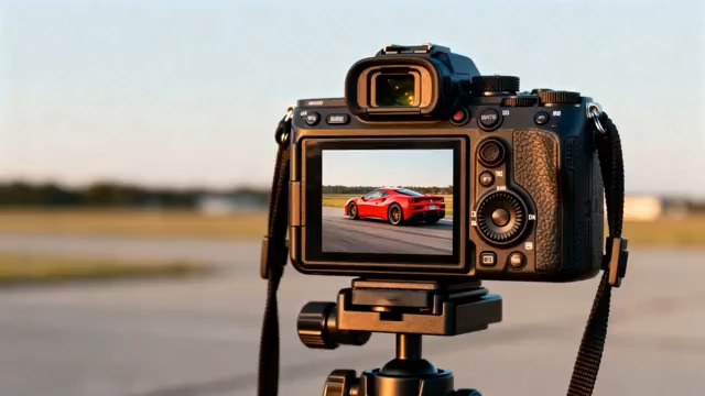  相机拍摄赛道上的红色跑车2306#横屏 	 