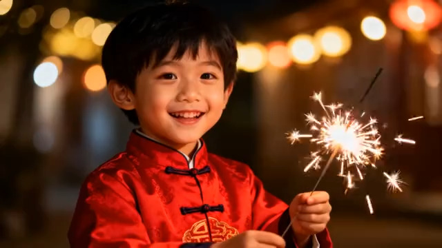  小男孩穿唐装手持烟花2898#横屏 	 