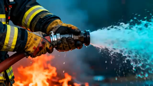  消防员手持水枪灭火场景2460#横屏 	 