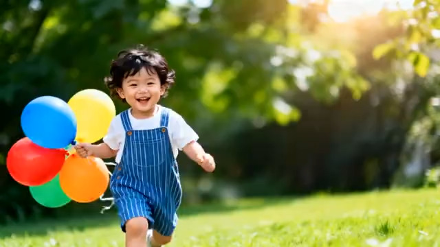  小孩草地手持气球奔跑2064#横屏 	 