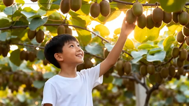 小男孩果园伸手摘猕猴桃1933#横屏 	 