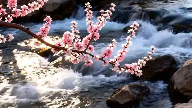  溪流旁绽放的粉色花枝2825#横屏 	 