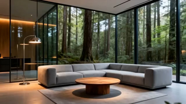  现代别墅室内沙发与森林景观458#横屏 	 