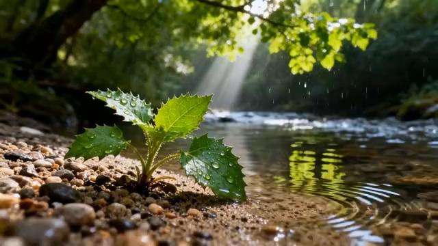  溪边带水珠绿叶阳光照射场景2169#横屏 	 