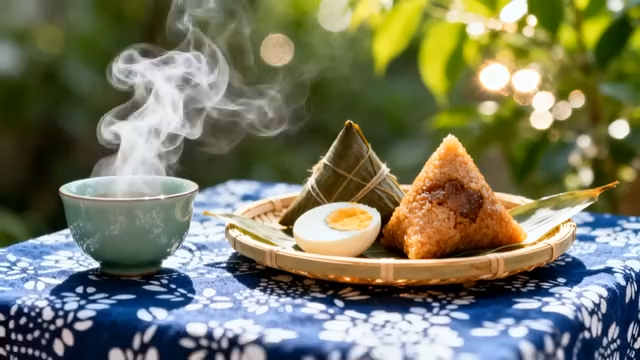 桌上摆放的粽子茶水与鸭蛋5228#横屏 