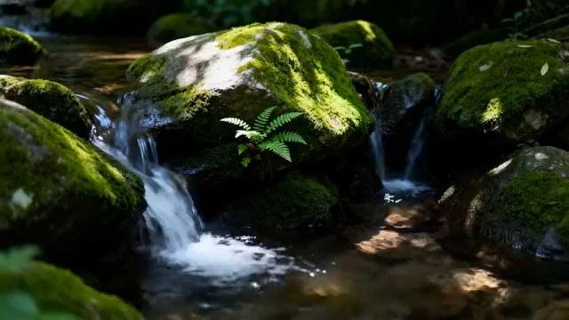  溪流中长满青苔的岩石特写1591#横屏 	 -