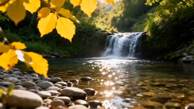 自然溪流旁的小瀑布景观3275#横屏 