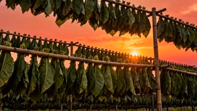  夕阳下晾晒的烟草1146#横屏 	 