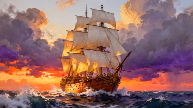  夕阳下海洋中的帆船457#横屏 	 