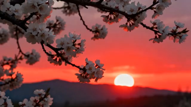  夕阳下绽放的樱花枝2068#横屏 	 