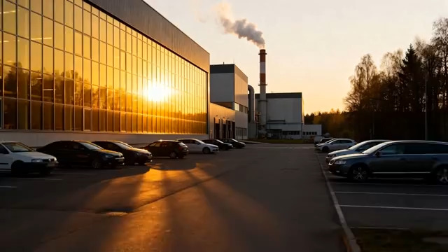  夕阳下工厂停车场及烟囱景观2263#横屏 	 