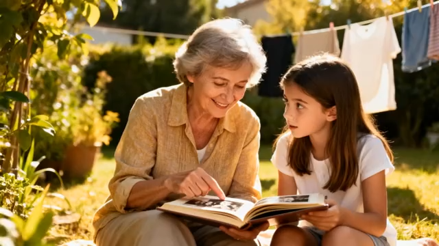 祖孙户外一起翻看相册4620#横屏 