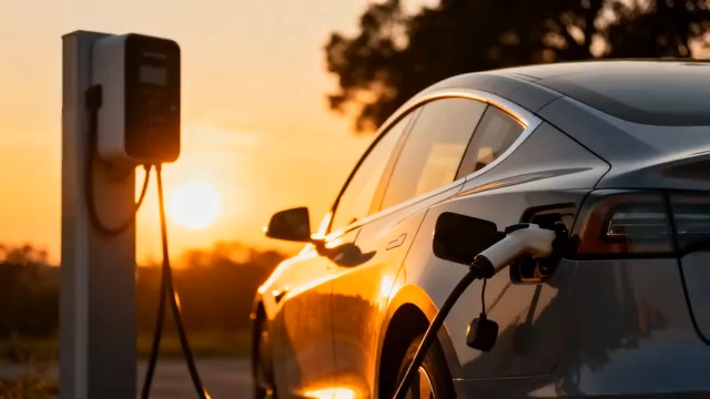  夕阳下新能源汽车充电桩场景665#横屏 	 - 