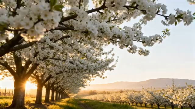  夕阳下盛开的樱花树风景2807#横屏 	 