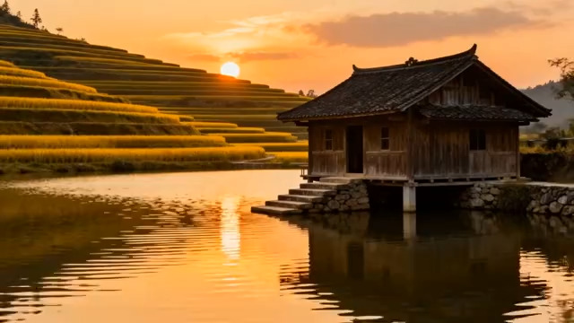  夕阳下梯田旁水边木屋风景2109#横屏 	 