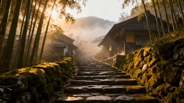 竹林间石板路与古朴房屋2983#横屏 