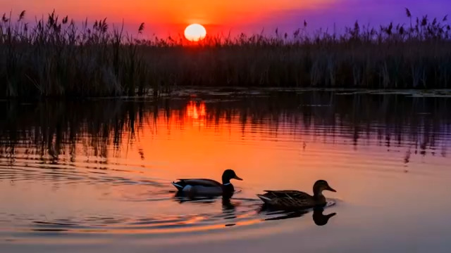  夕阳下湖面双鸭游弋场景2741#横屏 	 