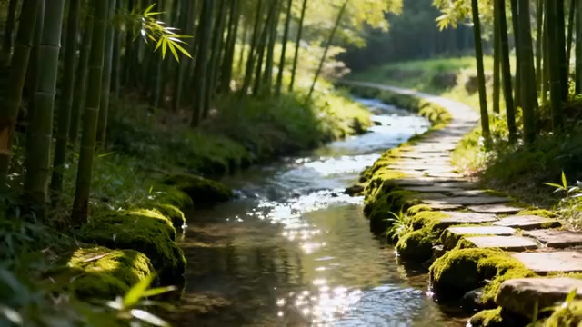 竹林中溪流旁石板路风光5170#横屏 