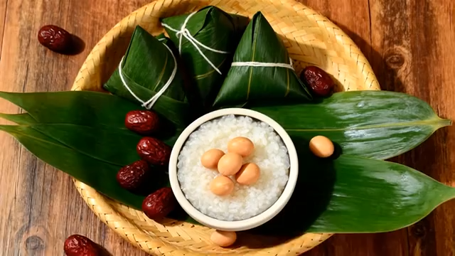 竹篮中摆放的粽子与食材639#横屏 
