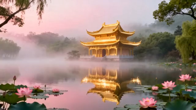  西湖古风建筑与荷花景观2278#横屏 	 