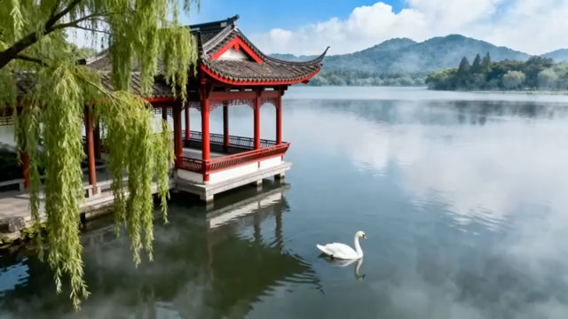 西湖畔中式亭台与湖中游天鹅2957#横屏 	 