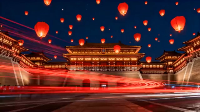  西安古建筑夜景与飞悬红灯笼123#横屏 	 - 