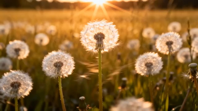  夕阳下蒲公英草地特写346#横屏 	 -