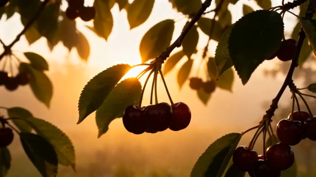  夕阳下枝头的樱桃2388#横屏 	 