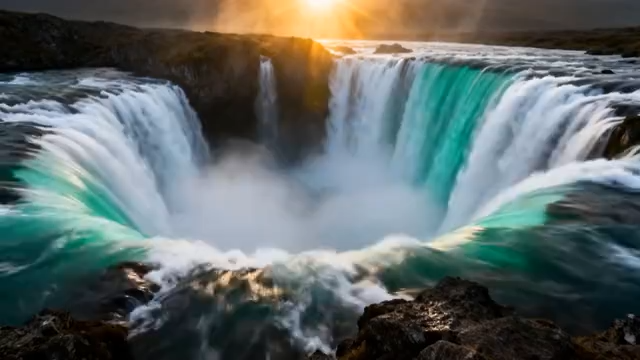 壮丽瀑布日落景观2659#横屏 