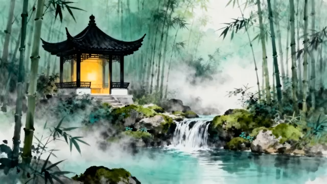 竹林中式凉亭山水风景293#横屏 