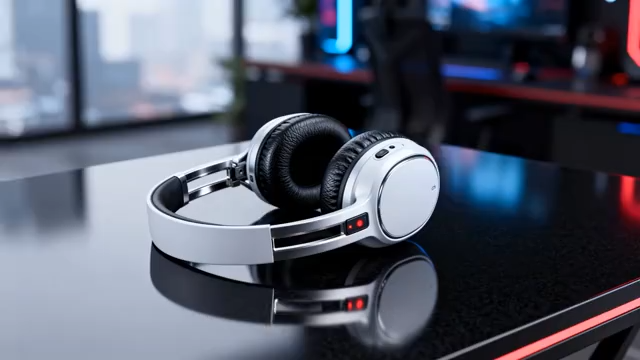 桌面上的白色头戴式耳机2662#横屏 