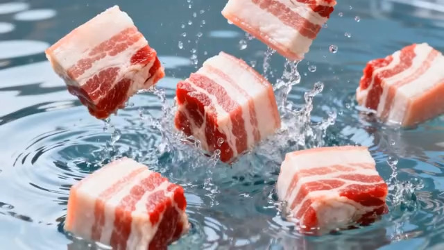  五花肉入水溅起水花1427#横屏 	 