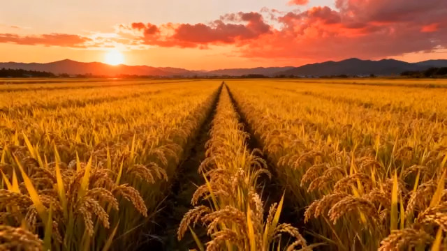  夕阳下的金黄稻田全景1909#横屏 	 