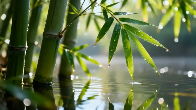 竹林中带水珠竹叶与水面倒影1213#横屏 