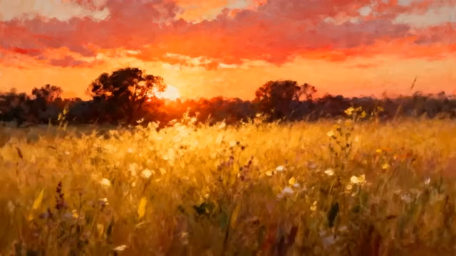  夕阳下的草地风景3036#横屏 	 