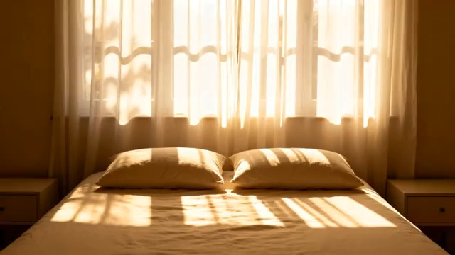  卧室阳光透过窗帘洒在床上2204#横屏 	 